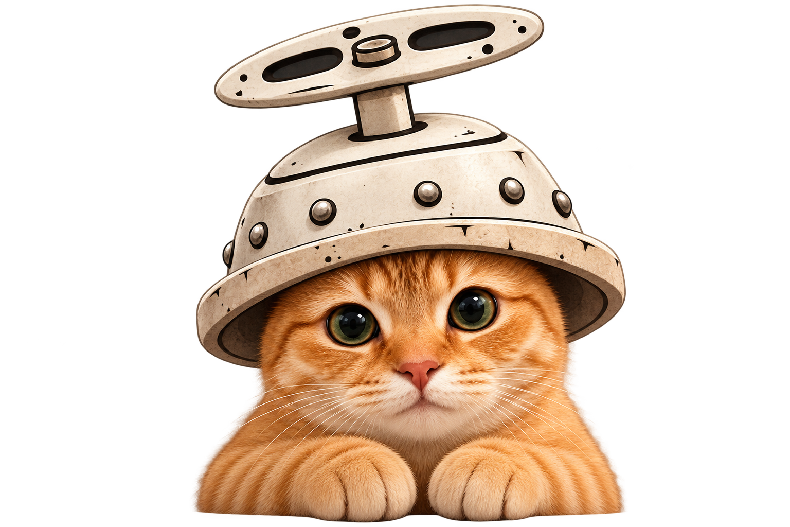 Orange tabby cat wearing a PQC bunker hatch as a hat